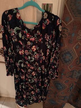 Women's Navy Chicos Floral 3/4 Sleeve Dress Crinkle Material Size XXL New